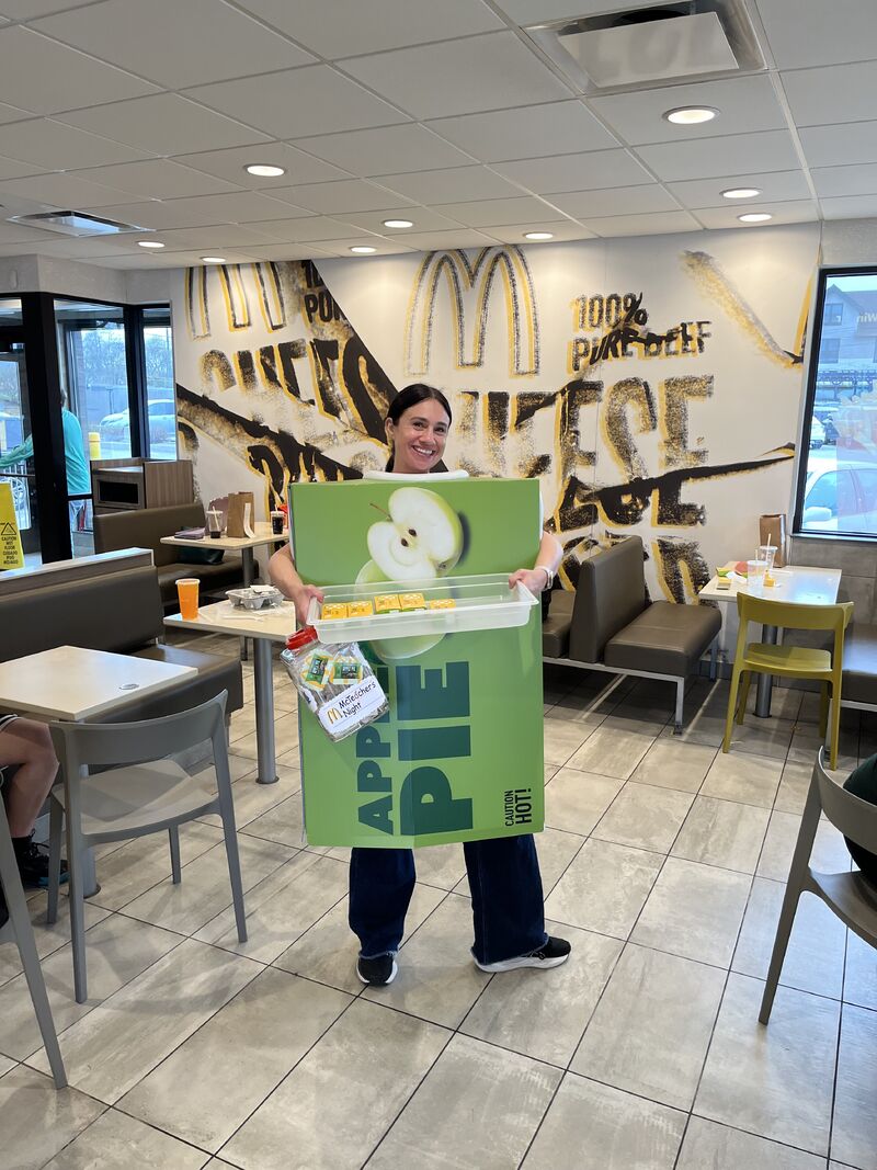 The apple pie costume by the golden arches wall