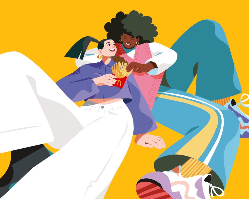 Illustration of friends sharing fries